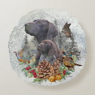 German Shorthaired Pointer in winter Round Pillow
