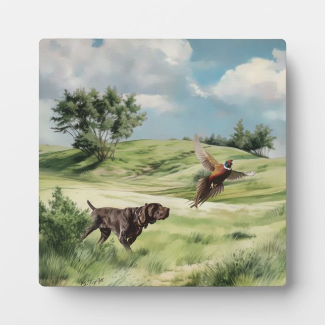 German Shorthaired Pointer Pointing at a Pheasant Plaque (Front)