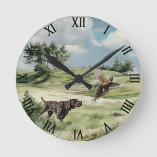 German Shorthaired Pointer Pointing at a Pheasant Round Clock