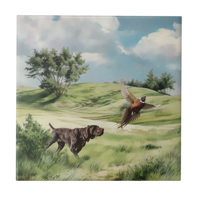 German Shorthaired Pointer Pointing at a Pheasant Tile (Front)