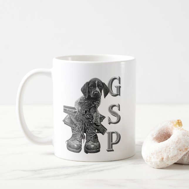 German Shorthaired Pointer puppy   Triptych Canvas Coffee Mug (With Donut)