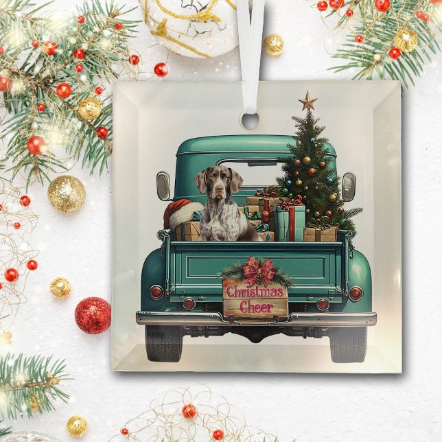 German Shorthaired Pointer Retro Truck Christmas Glass Ornament (Creator Uploaded)