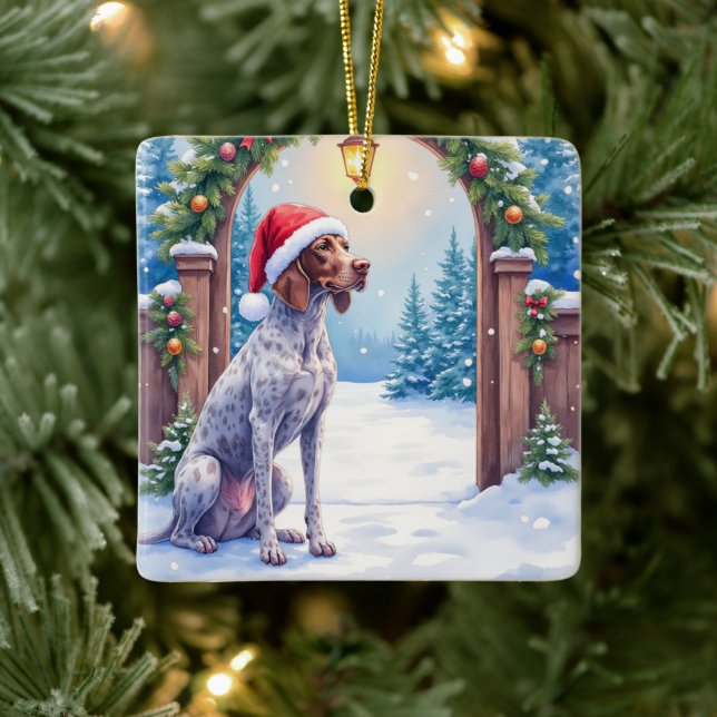 German Shorthaired Pointer Snowy Gate Santa Hat Ceramic Ornament (Tree)