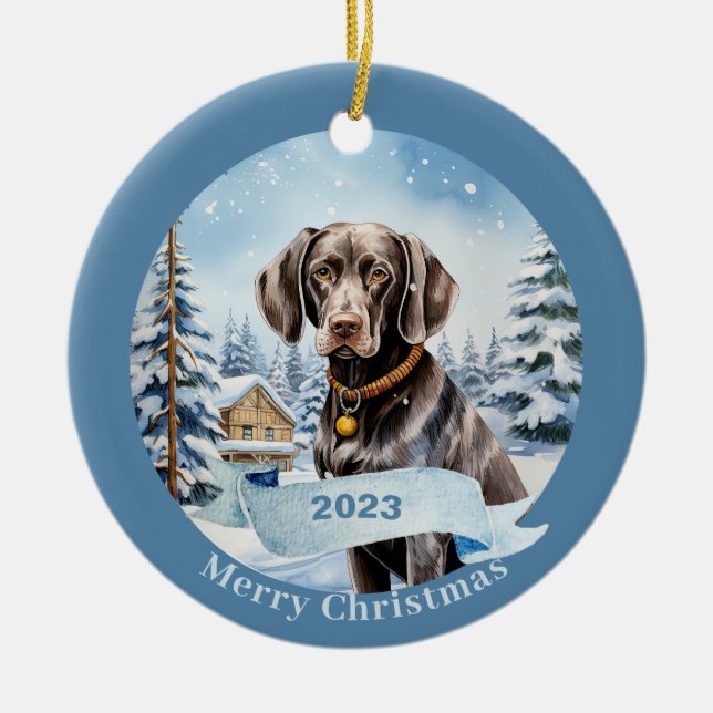 German Shorthaired Pointer watercolor Christmas Ceramic Ornament (Front)