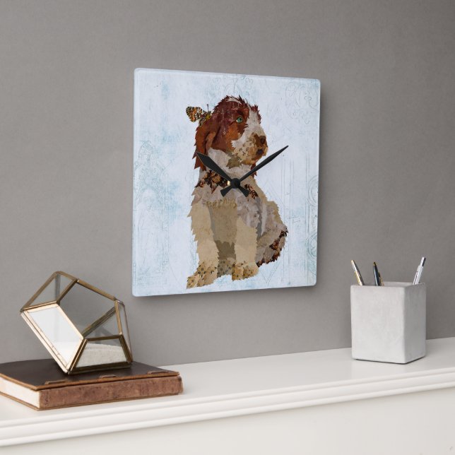 GERMAN WIRED HAIR DOG & BUTTERFLY SQUARE WALL CLOCK (Office)