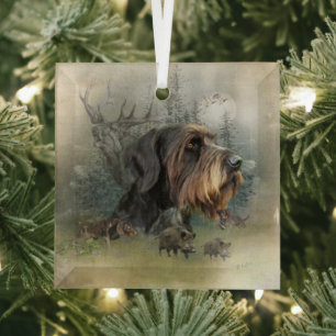 German Wirehaired Pointer, Boar Hunting    Glass O Glass Ornament