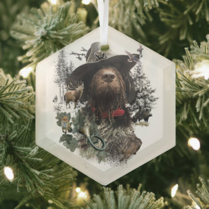 German Wirehaired Pointer, Boar Hunting    Glass Ornament