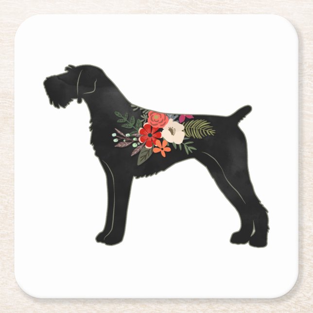 German Wirehaired Pointer Boho Floral Silhouette Square Paper Coaster (Front)