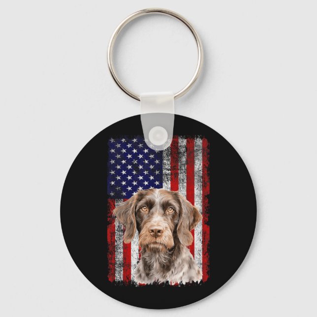 German Wirehaired Pointer Dog Lover US Flag 4th of Keychain (Front)