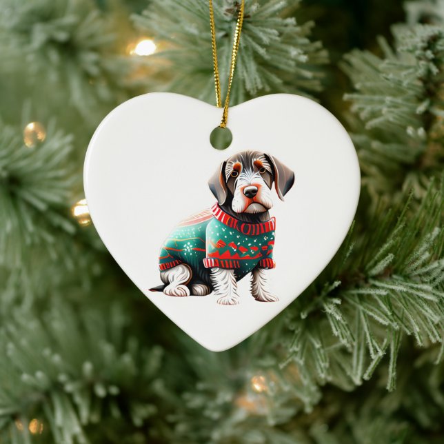 German Wirehaired Pointer in Christmas Sweater Ceramic Ornament (Tree)