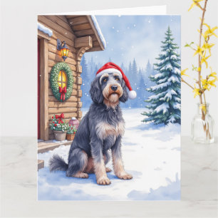 German Wirehaired Pointer Snowy Lodge Santa Hat Card