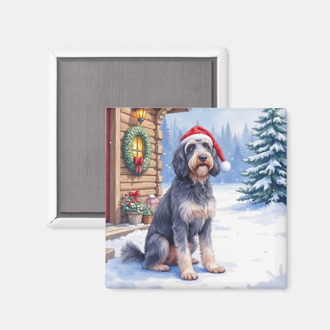 German Wirehaired Pointer Snowy Lodge Santa Hat Magnet (Front/Back)