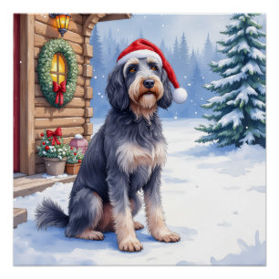 German Wirehaired Pointer Snowy Lodge Santa Hat Poster