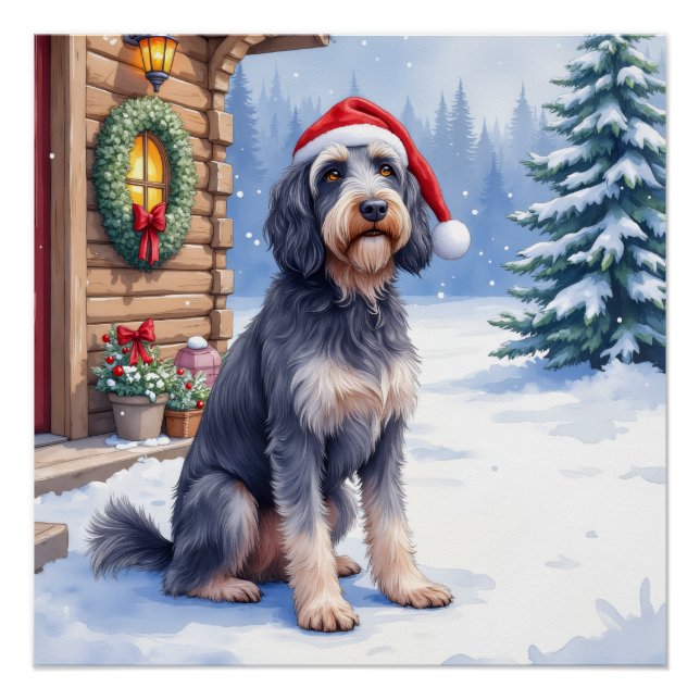 German Wirehaired Pointer Snowy Lodge Santa Hat Poster (Front)