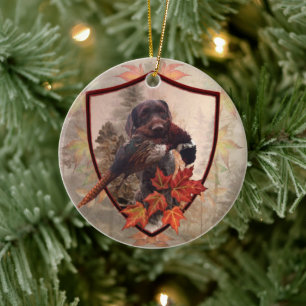 German Wirehaired Pointer with pheasant in hunting Ceramic Ornament