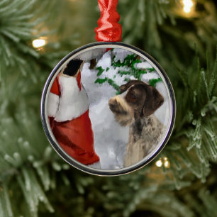 German Wirehaired Pointer With Santa Christmas Metal Ornament