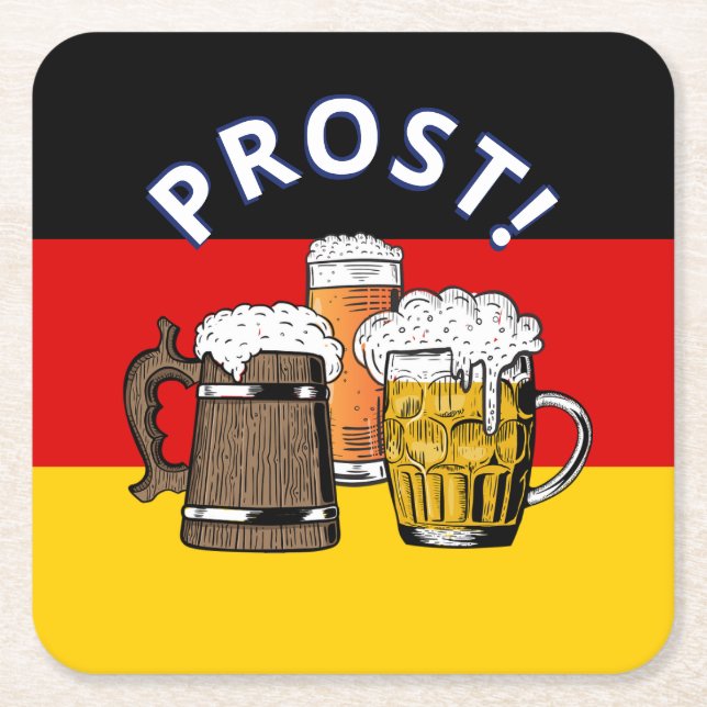 GERMANY FLAG Cartoon Cheers Beers Prost Square Paper Coaster (Front)