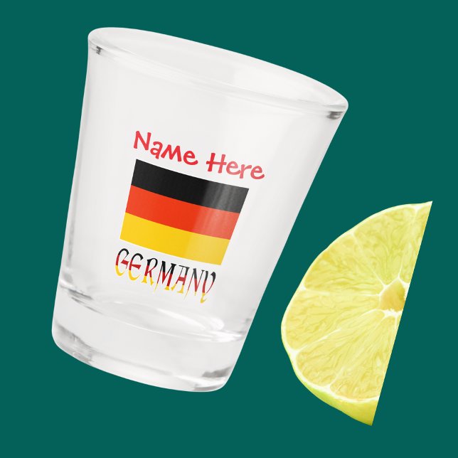 Germany German Flag Red Personalized  Shot Glass (Shot glass has German Flag and word GERMANY below in flag colors. Add name in red text above.)