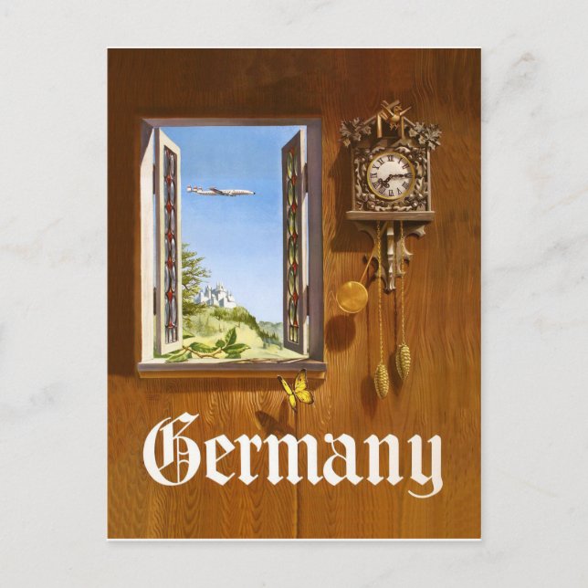 Germany, wooden clock and view from the window postcard (Front)