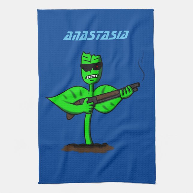 Germinator cyborg plant funny cartoon kitchen towel (Vertical)