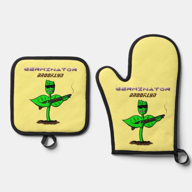 Germinator cyborg plant funny cartoon oven mitt & pot holder set (Front)