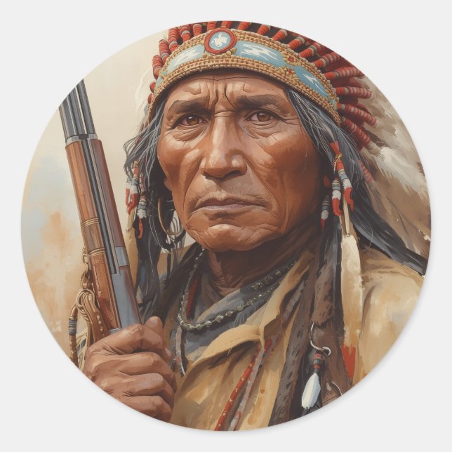 Geronimo Indian Chief Warrior Portrait Classic Round Sticker (Front)