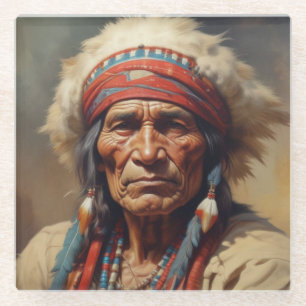 Geronimo Indian Chief Warrior Portrait Glass Coaster