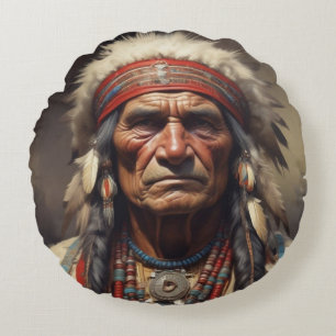 Geronimo Indian Chief Warrior Portrait Round Pillow