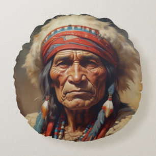 Geronimo Indian Chief Warrior Portrait Round Pillow
