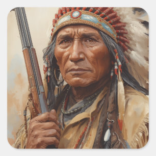 Geronimo Indian Chief Warrior Portrait Square Sticker