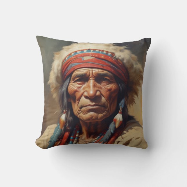 Geronimo Indian Chief Warrior Portrait Throw Pillow (Front)