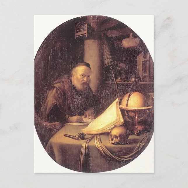Gerrit Dou- Man Interrupted at His Writing Postcard (Front)