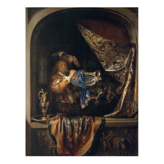 Gerrit Dou- Trumpet Player in front of a Banquet Postcard