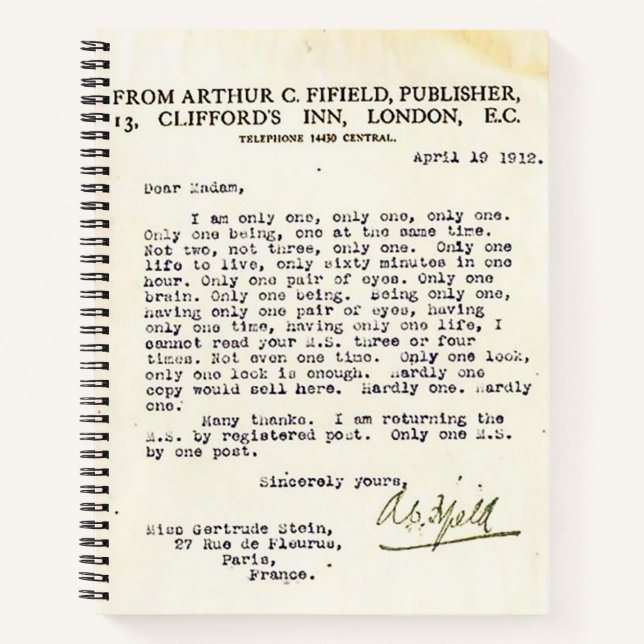 Gertrude Stein Rejection Letter Notebook (Front)