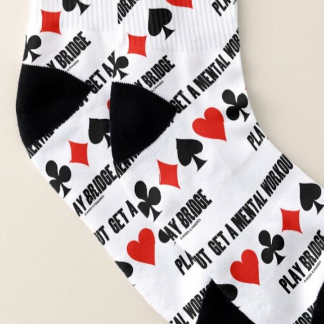 Get A Mental Workout Play Bridge Four Card Suits Socks (Bridge players/teachers will enjoy this pair of socks featuring the 4 card suits & bridge advice!)