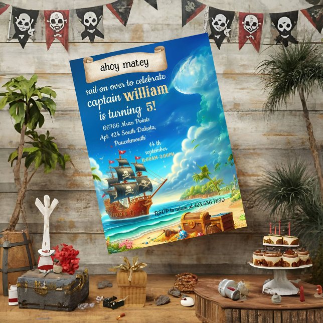 Get cool cute pool ship Pirate Birthday Invitation (Creator Uploaded)
