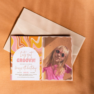 Get Groovy Pink & Orange Arch Photo Birthday Party Invitation