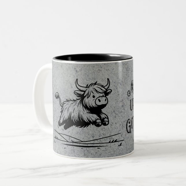 Get up and Go highland Cow Two-Tone Coffee Mug (Front Left)