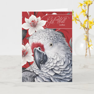 Get Well African Grey Parrot Red and White Lilies Card