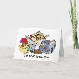 Get Well Cartoon of Son in Bed and Pet Dog Card