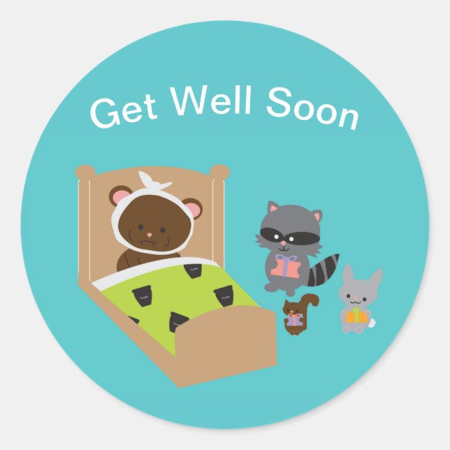 Get Well Cute Animals Personalize Classic Round Sticker (Front)