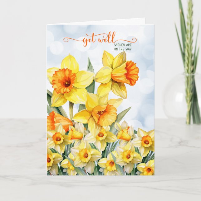 Get Well Daffodil Garden with Blue Sky Bokeh  Card (Front)
