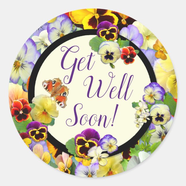 Get Well Pansy Design - add your text Classic Round Sticker (Front)