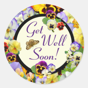 Get Well Pansy Design - add your text Classic Round Sticker