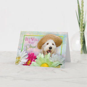 GET WELL, PLEASE!  - PUPPY/FLOWERS/SUNHAT CARD