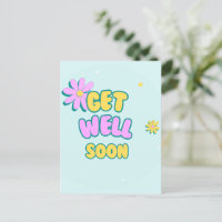 Get well soon bold text with flowers on blue