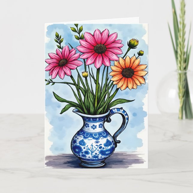 Get Well Soon Bright Color Flowers in Pitcher Card (Front)