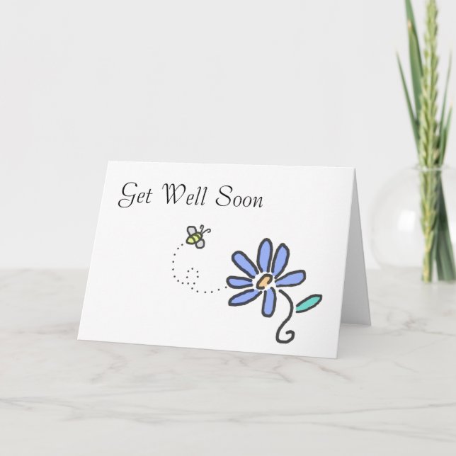 Get Well Soon - Bumble Bee and Blue Flower Card (Front)