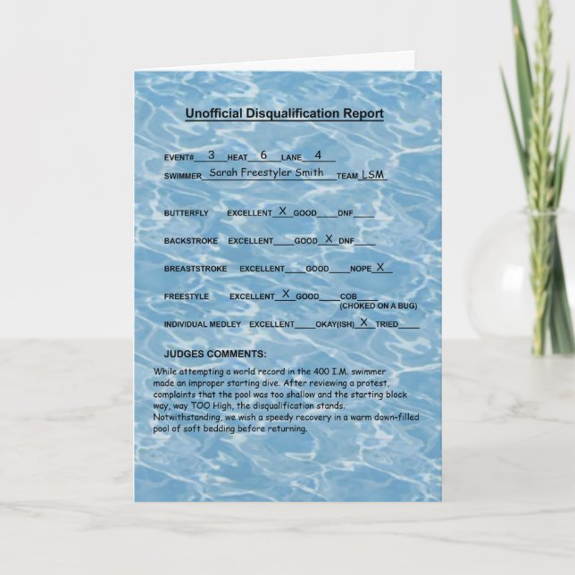 Get Well Soon Card for Swimmers – Funny DQ Recover (Front)