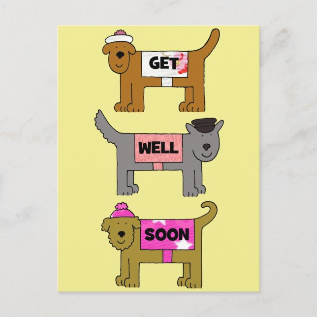 Get Well Soon Cartoon Dogs in Clothes. Postcard (Front)